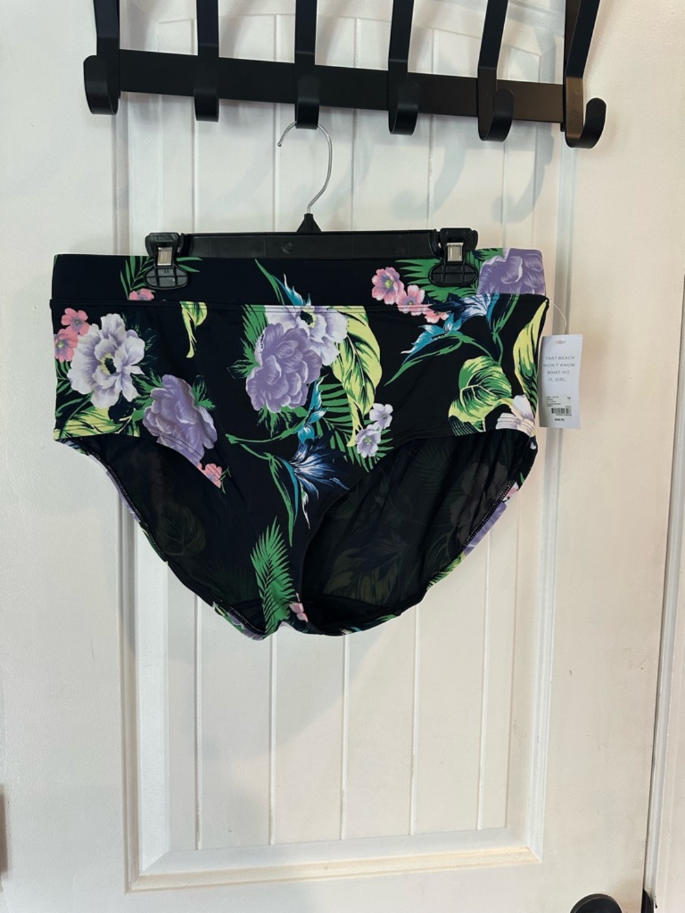 Cacique swim Tropical Print Swim Bottoms with Black Base and Green Floral Accent